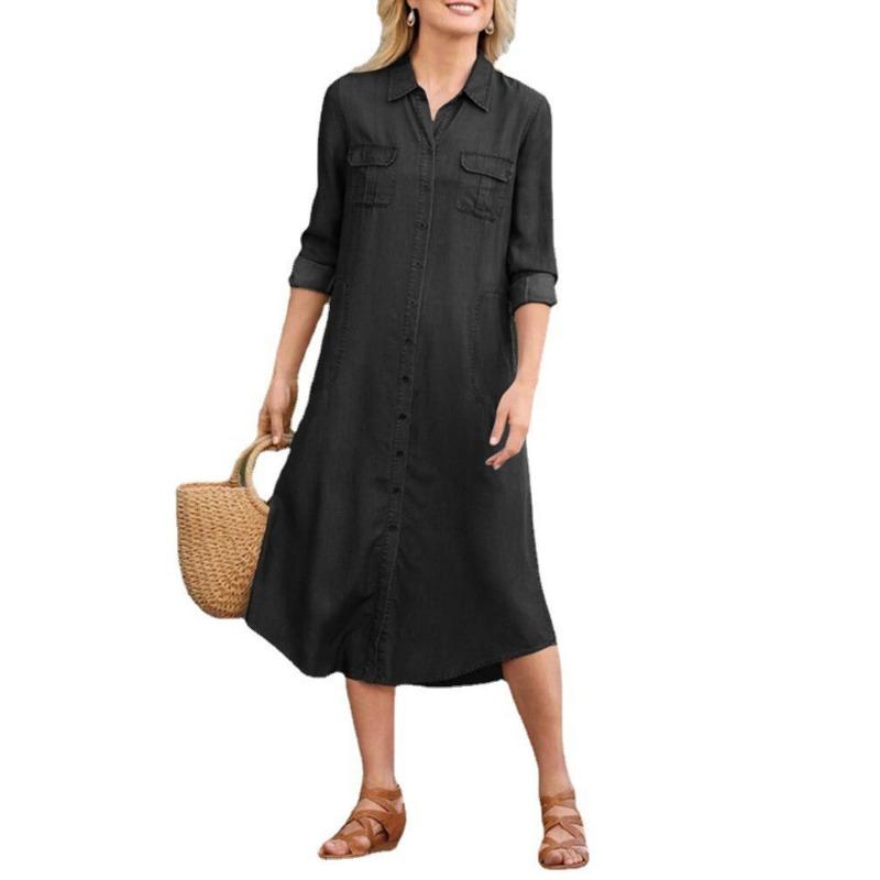 Модное элегантное винтажное джинсовое платье больших размеров, женское летнее повседневное платье с длинным рукавом и длинными рукавами, женское свободное платье миди с однотонными карманами 1004