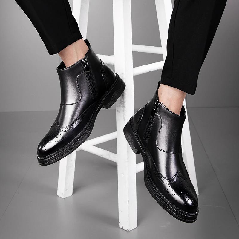 Модные новые туфли-броги в британском стиле, ботинки челси из натуральной кожи, мужская зимняя обувь, плюшевая теплая обувь, модные ботинки на молнии для мужчин