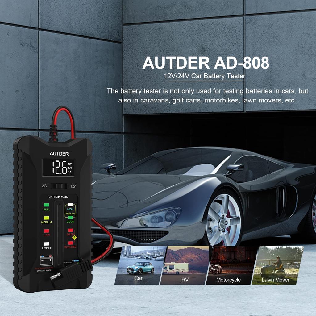 Цифровой тестер аккумуляторов, вольтметр, анализатор системы зарядки генератора переменного тока с ЖК-дисплеем, светодиодным дисплеем, зажимами, кабелем и кабелем прикуривателя