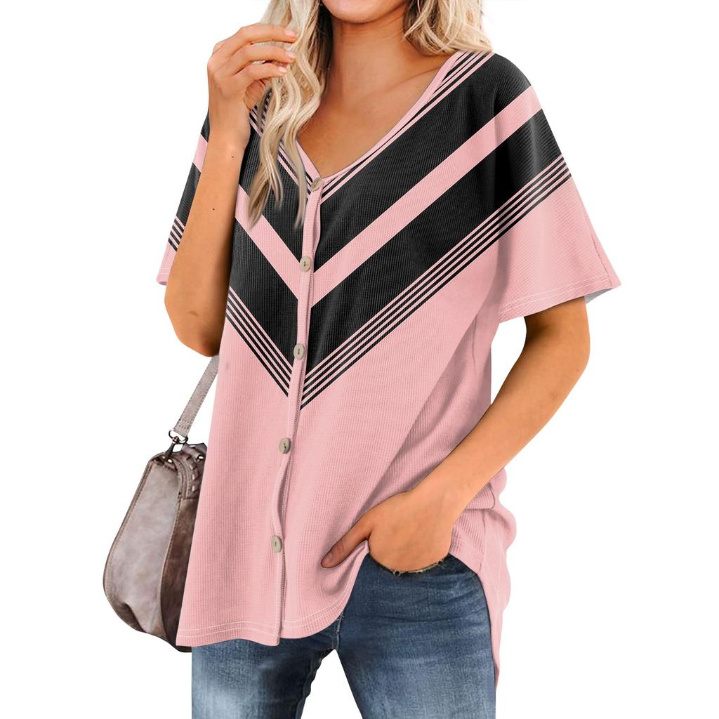 Женская футболка Футболка с принтом Женские рубашки V-образный вырез с короткими рукавами Туника на пуговицах Топы Блузка