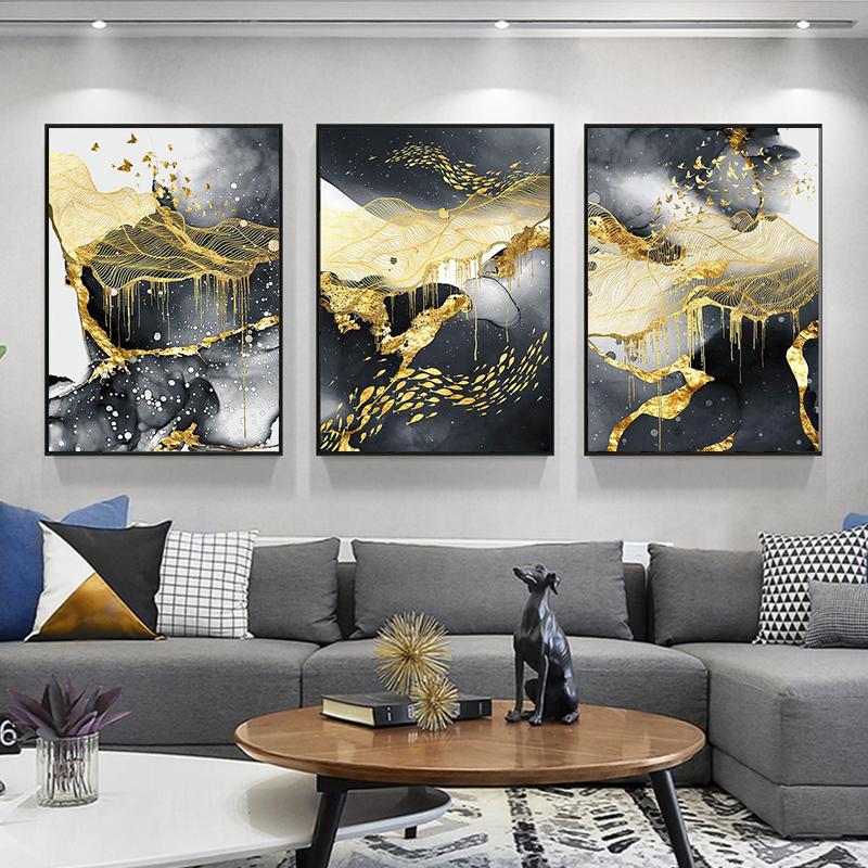 Современное искусство Золотая черная белая абстрактная живопись холст плакат печать скандинавское украшение настенное искусство пиктограмма современный домашний декор