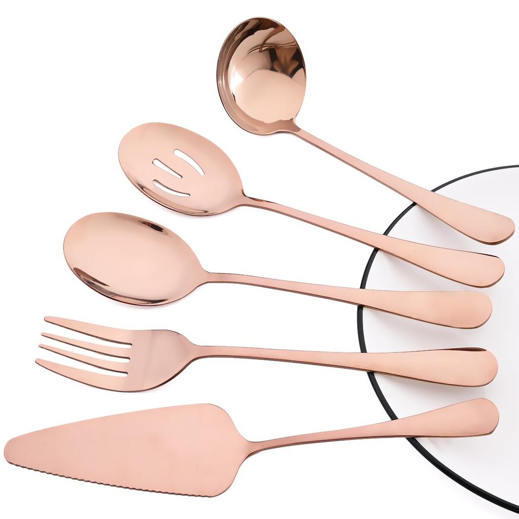 5 шт./компл. золотой набор столовых приборов, столовые приборы из нержавеющей стали, ложка для супа, дуршлаг, ложка, ложка для обслуживания, вилка для салата, лопаточка для торта, кухонная посуда