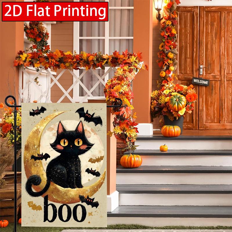 2D Flat - 2D Flat Halloween Boo Black Cat Decorative Flag, 2-28 X 40 Inches Outdoor Garden Flag, Double-Sided Home Decoration Courtyard Decoration Out