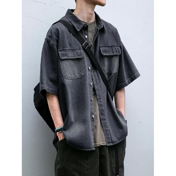 Рубашка с коротким рукавом в стиле ретро из джинсовой ткани, летняя модная мужская и женская марка, японский ретро-тренд с коротким рукавом, классная и свободная рубашка