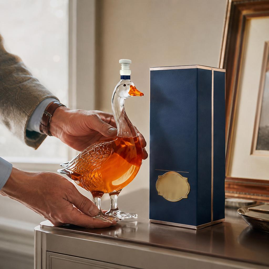 Frosted Glass Goose Shaped Liquor Bottle with Decorative Cap Unique Animal Decanter for Spirits and Collectibles in Gift Box Packaging
