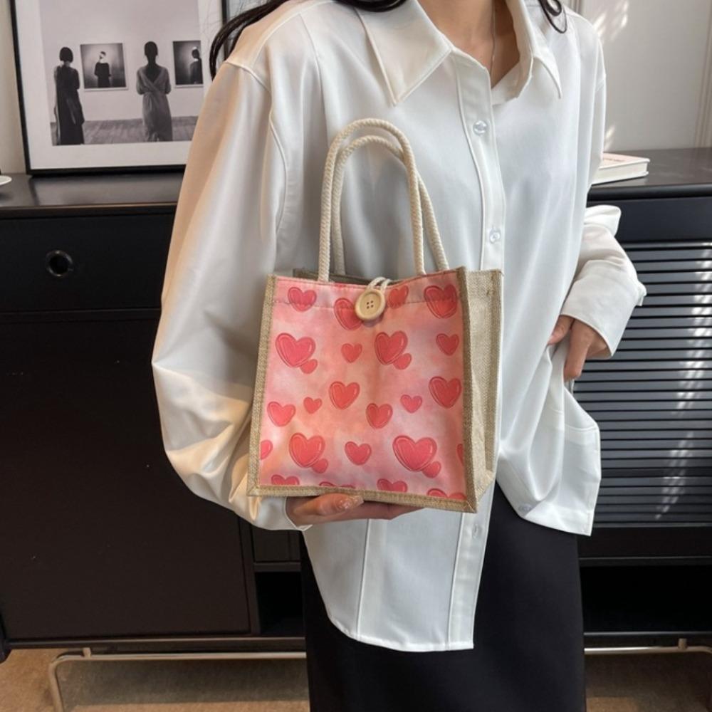 Large Capacity Flower Linen Bag Zipper Linen Handbag Storage Bag Love Heart Tote Bag  Picnic