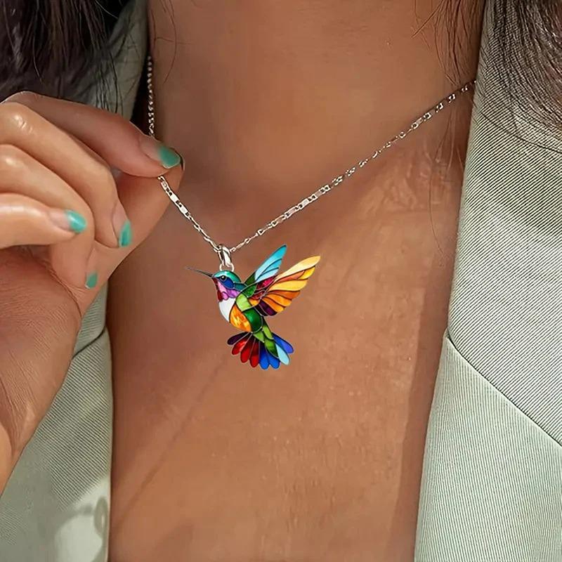1PC Hummingbird Acrylic Colorful Bird Shape Necklace for Women Girls Neck Charms Spring Summer Jewelry Party Gifts