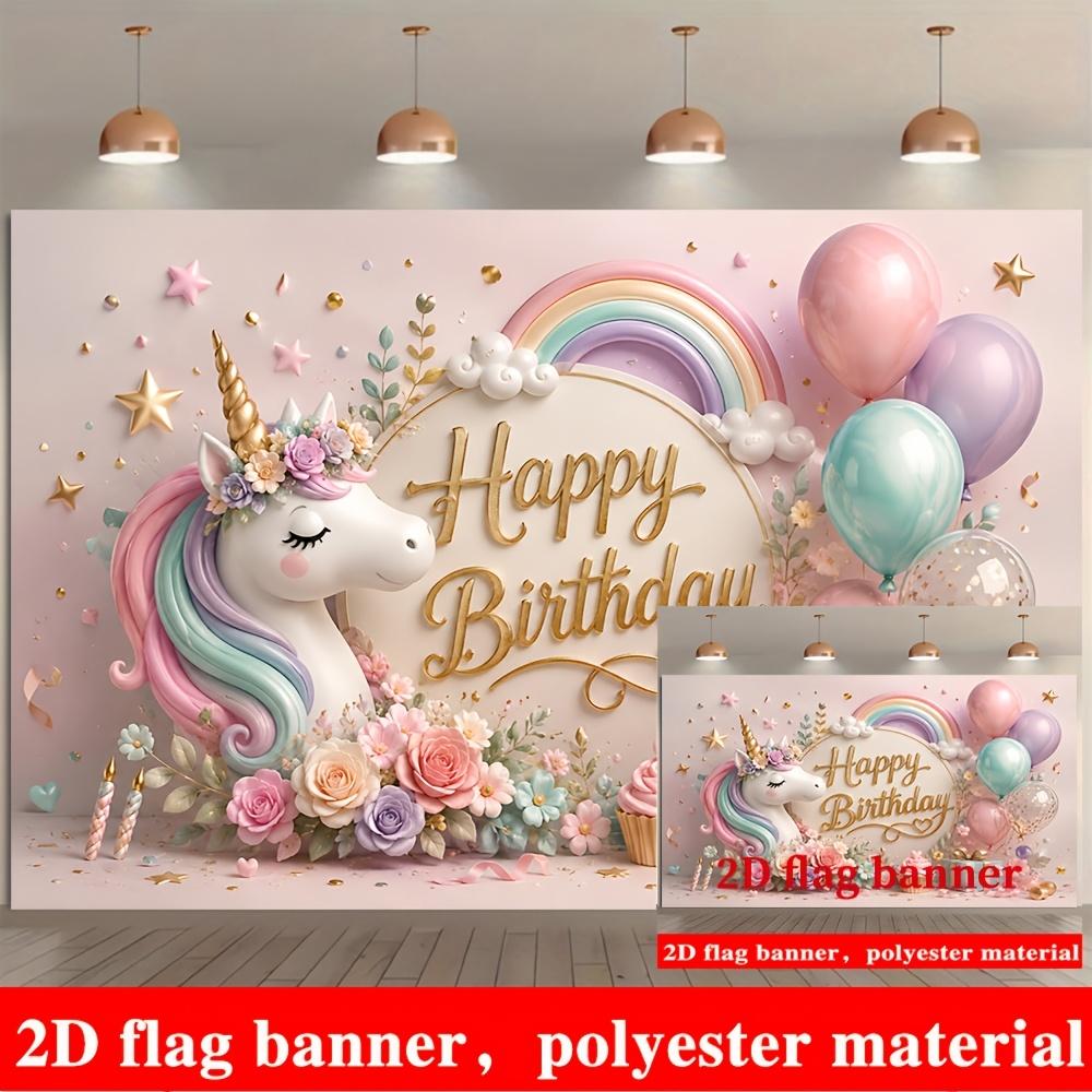 Unicorn Birthday Banner Backdrop Macaron Balloons Rainbow Flowers Stars Polyester