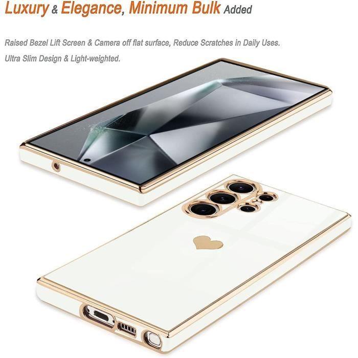 Silicone Case - BOOLING - for Samsung Galaxy S24 Ultra - White - Heart Pattern - Flexible TPU with 2 Tempered Glasses