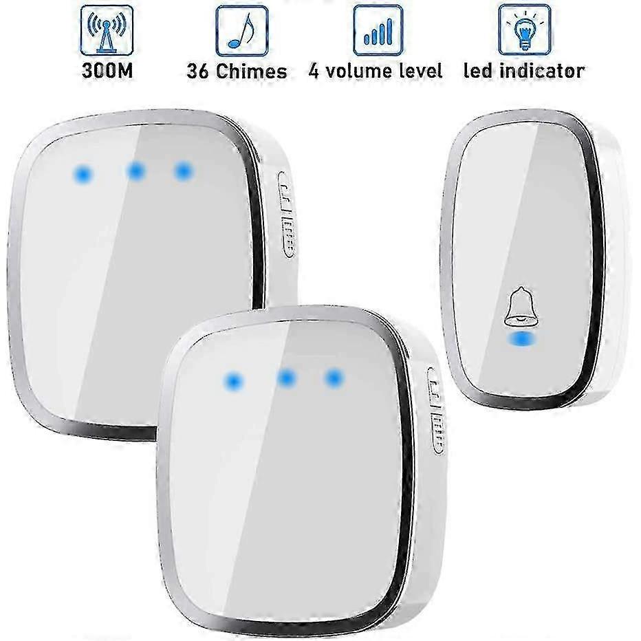 Wireless Doorbell, 300m Range, 36 Ring Tones, 4 Volume Levels, 1 Transmitter & 2 Receivers