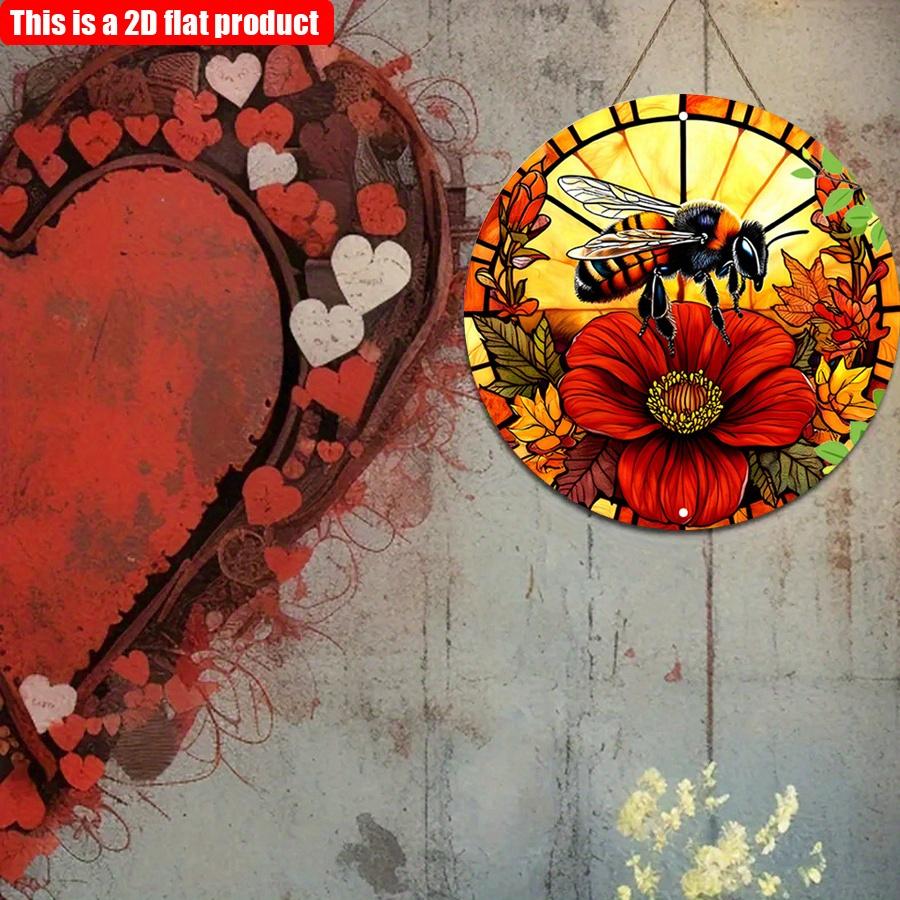 2D плоский 20*20 см 1 шт желтый пчела красный яркий цветочный узор уникальный круглый подвесной орнамент окна, ретро-художественный кулон для домашнего сада и наружного декора