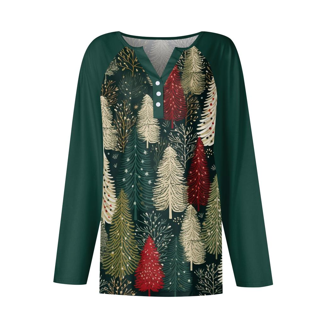 Женская мода повседневная рождественская печать V-образный вырез рукава реглан с декоративными пуговицами длинный рукав футболка топ