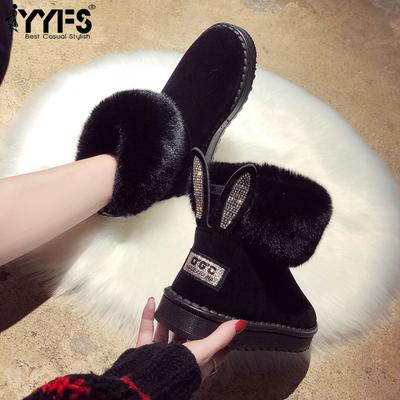 Зимние ботинки с меховыми лацканами и кроличьими ушками, украшенные стразами, на плоской резиновой подошве, размер: 35-41