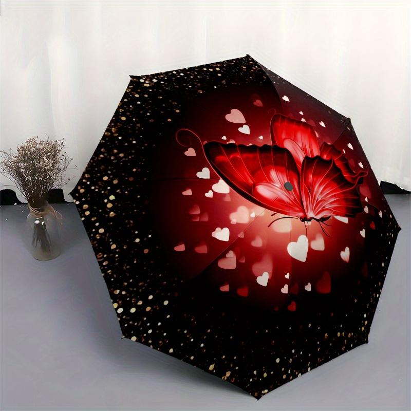 Butterfly,Hearts Automatic Folding Umbrella Simple 8 Rib Design, Bright Cartoon Pattern, Durable Iron Frame, Suitable For Travel, Outdoor,