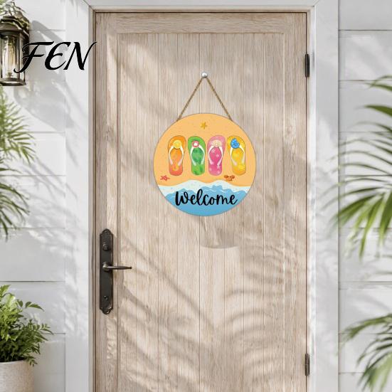 Summer Beach Welcome Sign Hello Door Sign, Ice Pop Flip Flop Hanger, Front Plaque Farmhouse Hanging Wooden Wreath for Home Porch Decor