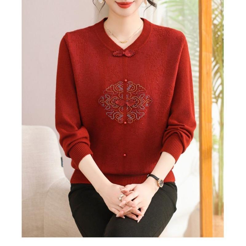 Spring Autumn Long Sleeve Sweater Women's Base Shirt Fashionable Mom Knitted Thin Tops for Middle-aged