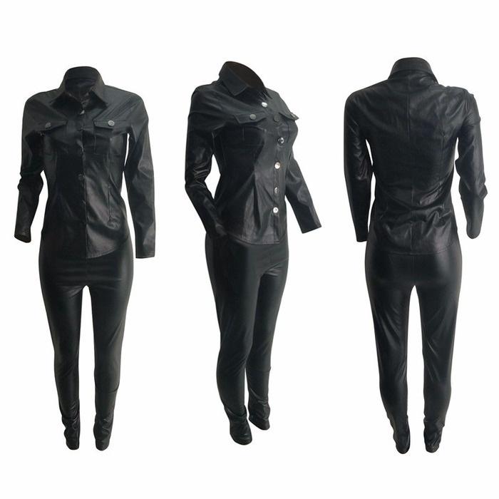 Женские кожаные штаны из двух частей, женская куртка с карманами и длинными рукавами, топ + брюки-карандаш, комплект из 2 предметов