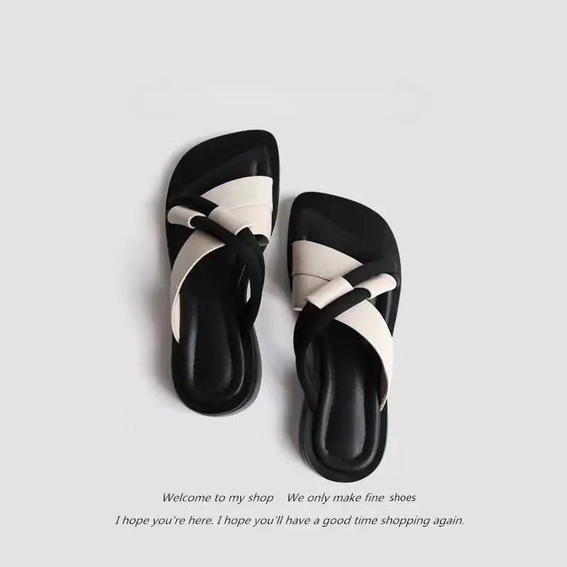 Super Soft Leather Retro Women's Shoes 2024 Summer New Simple Cross Sandals Elegant High Heels Versatile Casual Slippers