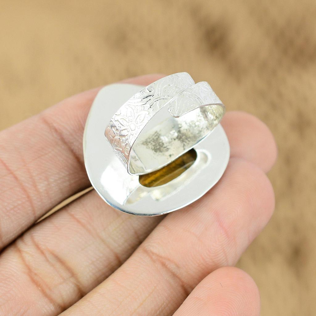 925 Sterling Silver Tiger's Eye Stone Mother Art Deco Handmade Cresent Moon Ring