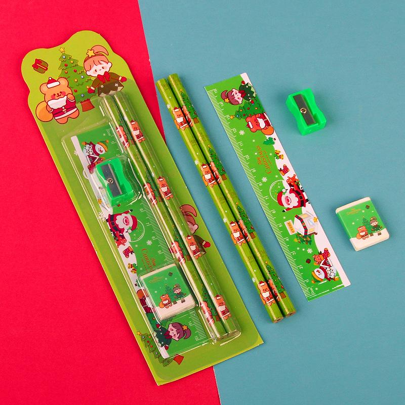 Christmas Gifts Cartoon Stationery Kids Writing Pencil Ruler Eraser Set Boy Girl Birthday Party Favors Stocking Stuffers