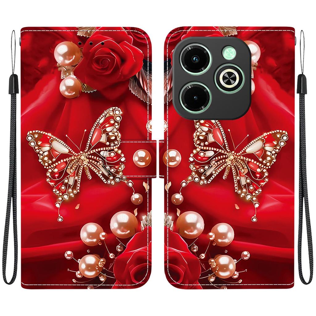 Handmade PU Leather Flip Case for Infinix Hot 40i (X6528B) Anti-Slip Shockproof Cover with Wrist Strap & Heart/Rose Cat Designs