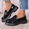 Fashion Women's Chain Decor Platform Loafers Fashion Black Patent Leather Dress Shoes Woman Comfortable Slip On Flat Shoes Plus Size 43