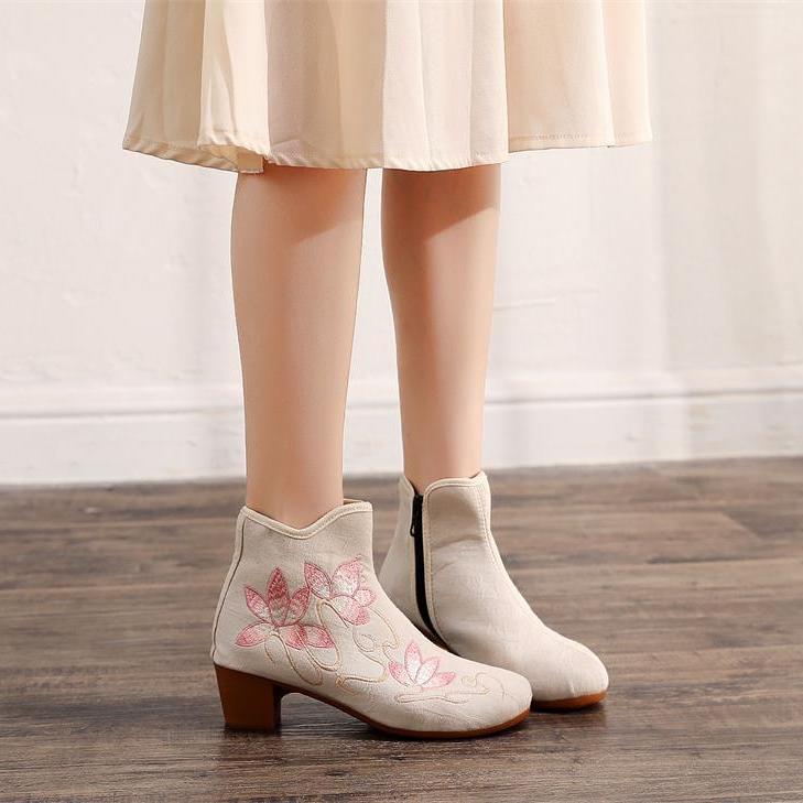 Модные женские зимние сапоги с вышивкой в этническом стиле, осенние и зимние женские хлопковые зимние сапоги, высокие женские сапоги на высоком каблуке