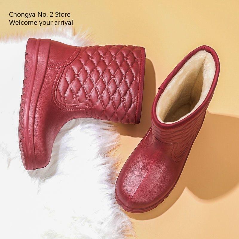 Waterproof Fleece Snow Boots Women's Mid-calf Water Boots Warm Water Boots Women's Rubber Shoes Kitchen Cotton