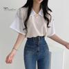 Women Blouse Lapel Short Sleeve Loose Fit Preppy Casual Top Style Fake Two Pieces Tee Streetwear