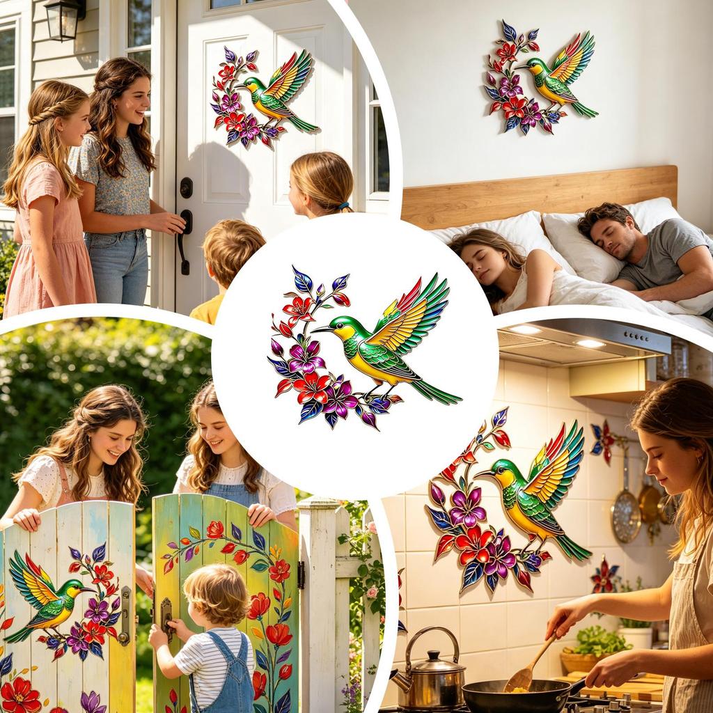 Bloom Hummingbird Metal Wall Art with Flower Garden Sign,Iron Sculpture Indoor Outdoor Wall Decor, for Patio,Garden and Fence Art Decor