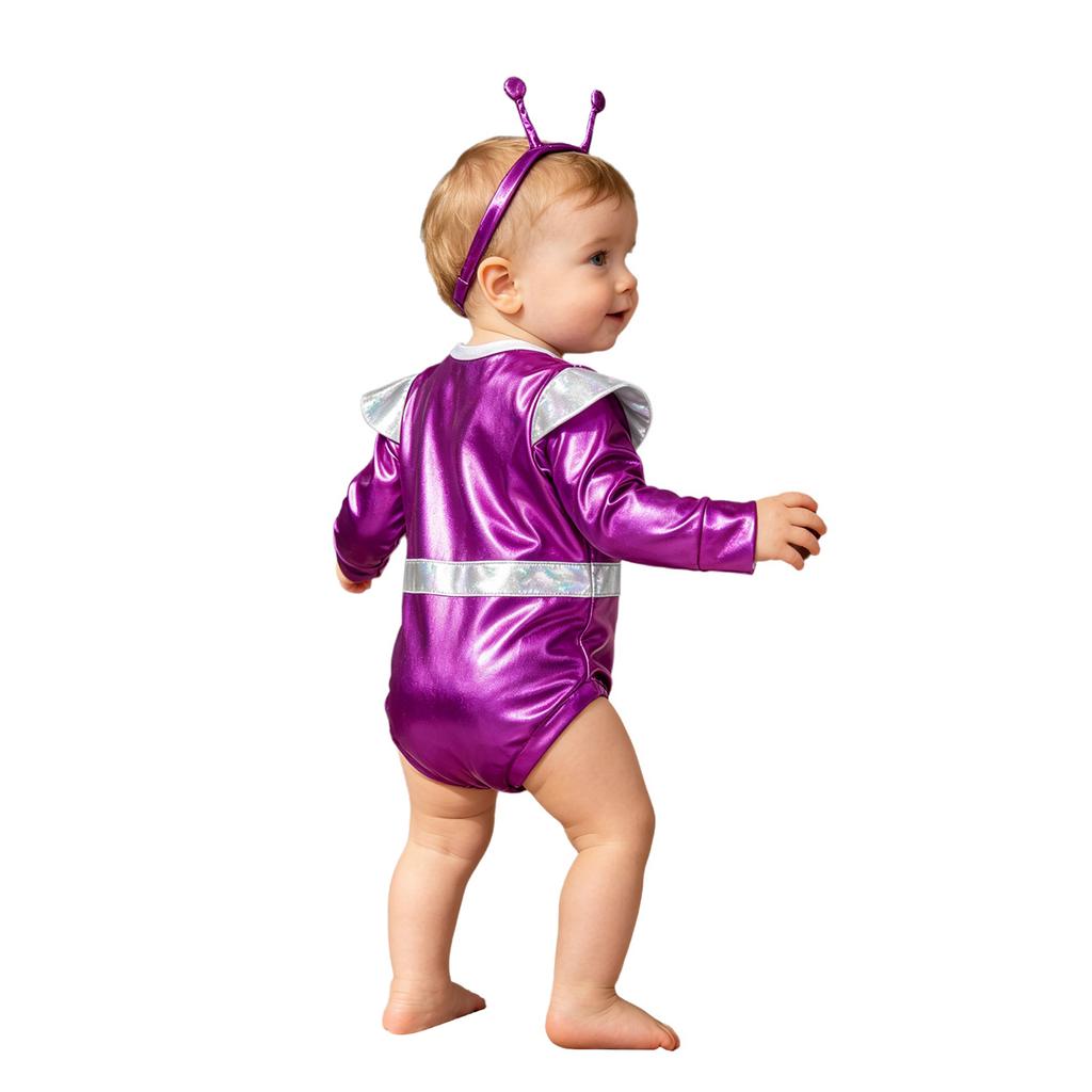 Baby Girls Color Block Alien Outfit Long Sleeve Press Button Crotch Metallic Romper Photography Costume