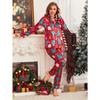 Women's Christmas Tree & Santa Print Satin Pajama Set, Long Sleeve Buttons Lapel Top & Pants, Comfortable Relaxed Fit For Fall