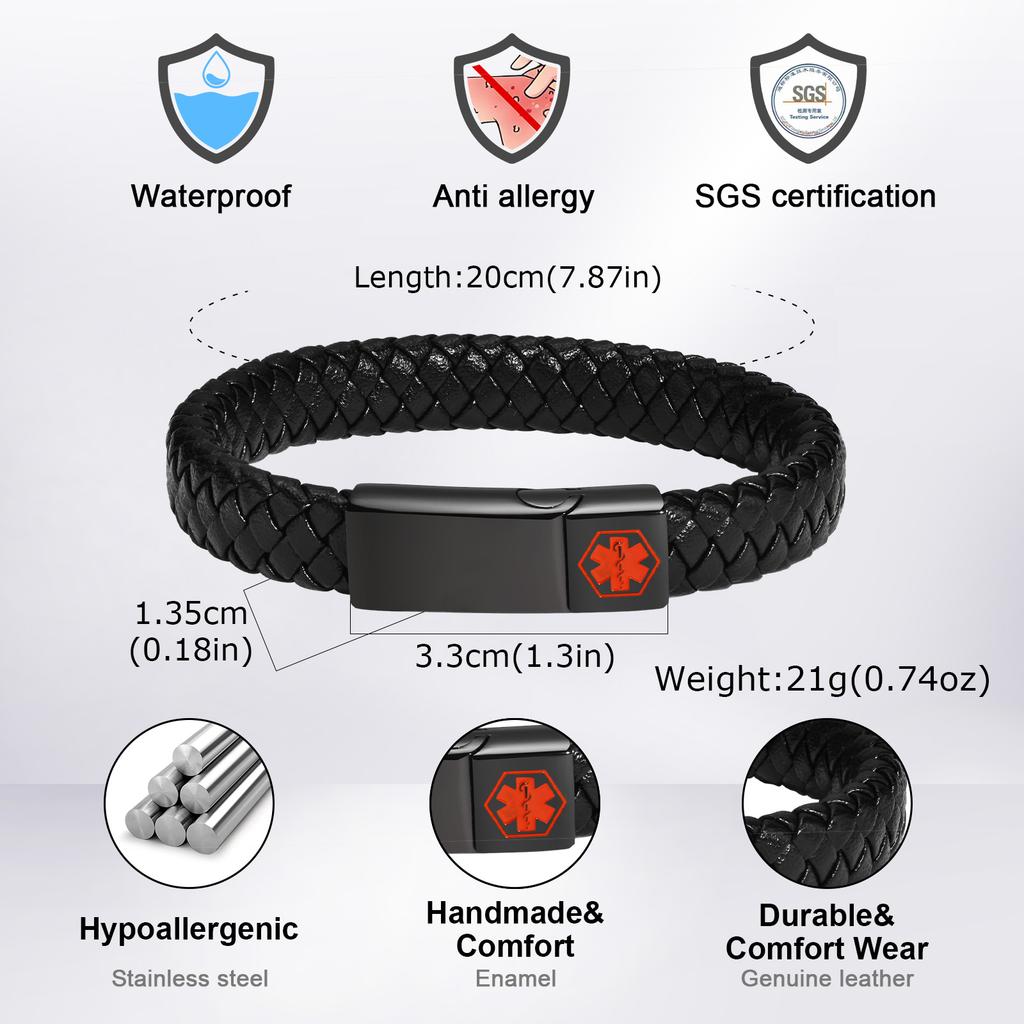 Customized Engrave Medical Alert ID Bracelet, Stainless Steel Magnetic Buckle Woven Leather Wristband Bangle for Men