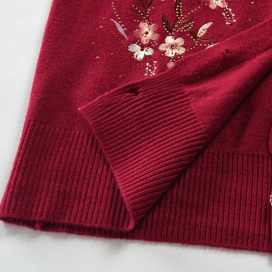 Осень-весна вязаное пальто для мам с цветочной вышивкой, однобортное, с круглым вырезом, свободный, с длинными рукавами, кардиган, эластичный