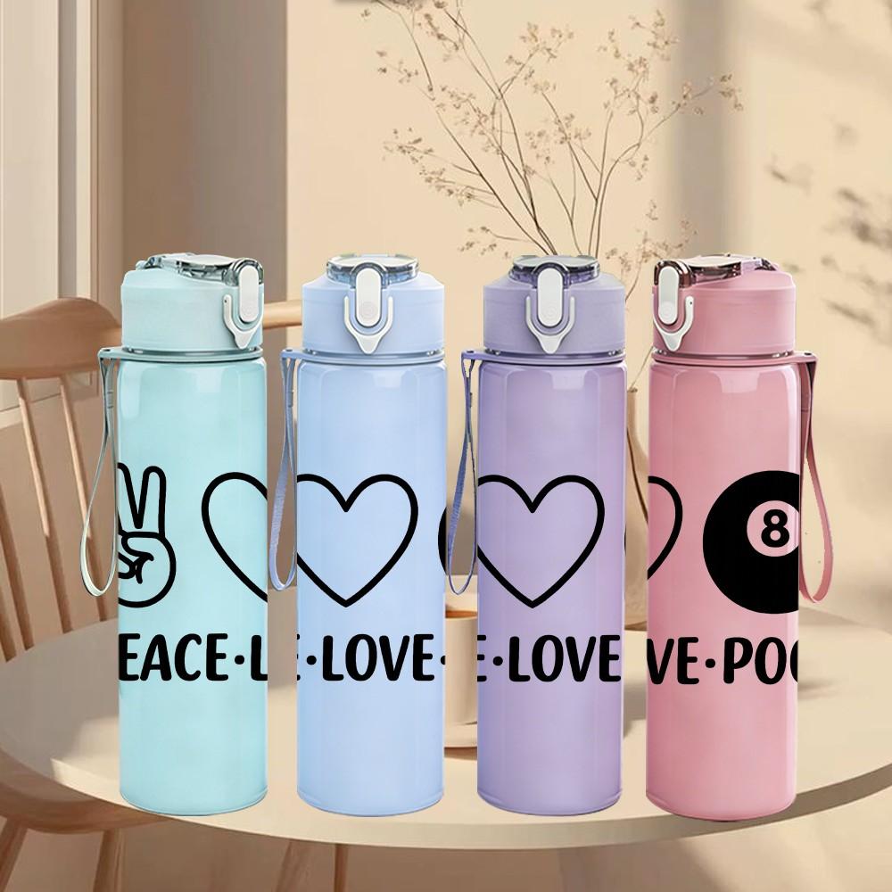 1PC Peace Love Pool Hand Symbol 750ml Color Plastic Sports Water Bottle Leakproof Flip Straw Lid Suitable for Sports Office Home Use