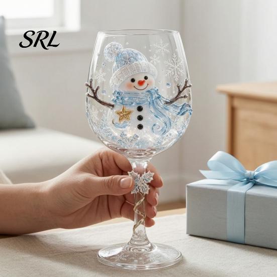 Decorative Winter Drinking Cups Christmas Stemmed Wine Glass, Snowman/SantaWreath/Elk/Christmas TreeHand Painted, Handmade Style Snowflake Goblet