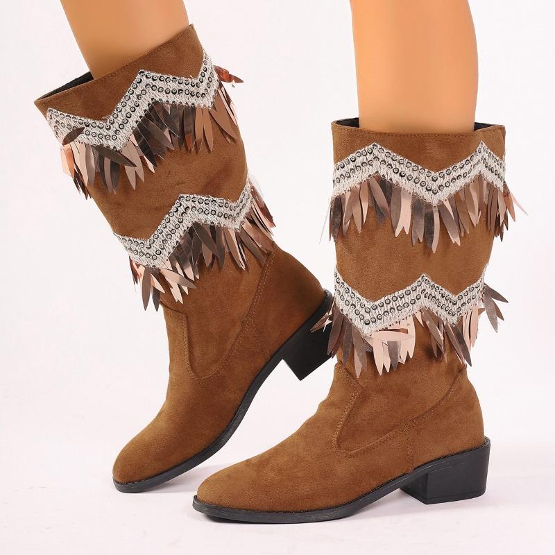 2024 Women's Shoes Slip On Mid-Calf Women's Boots Classics Daily Boots Women Bling Fringe Pointed Toe Square Heel Shoes Women