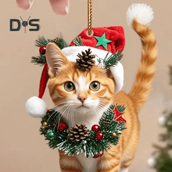 Рождественская подвеска в виде кошки, 2D акриловое подвесное украшение, шапка Санты, подвеска в виде кошки на зеркало заднего вида автомобиля, елочное украшение, подарок для любителей кошек
