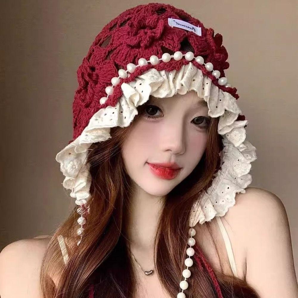 Hollow Out Lace Beanies Pearl Tassels Knit Cap Casual Crochet Flower Knitted Hat Girls