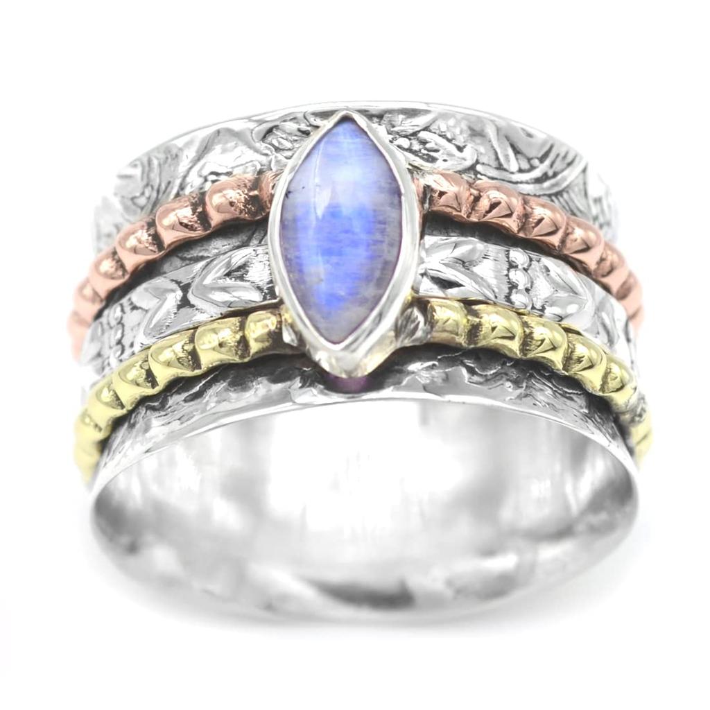 Sterling Silver Copper Brass Ring Marquise Cabochon Spinner Stone Ring Natural Moonstone Gemstone 6.5 Gms