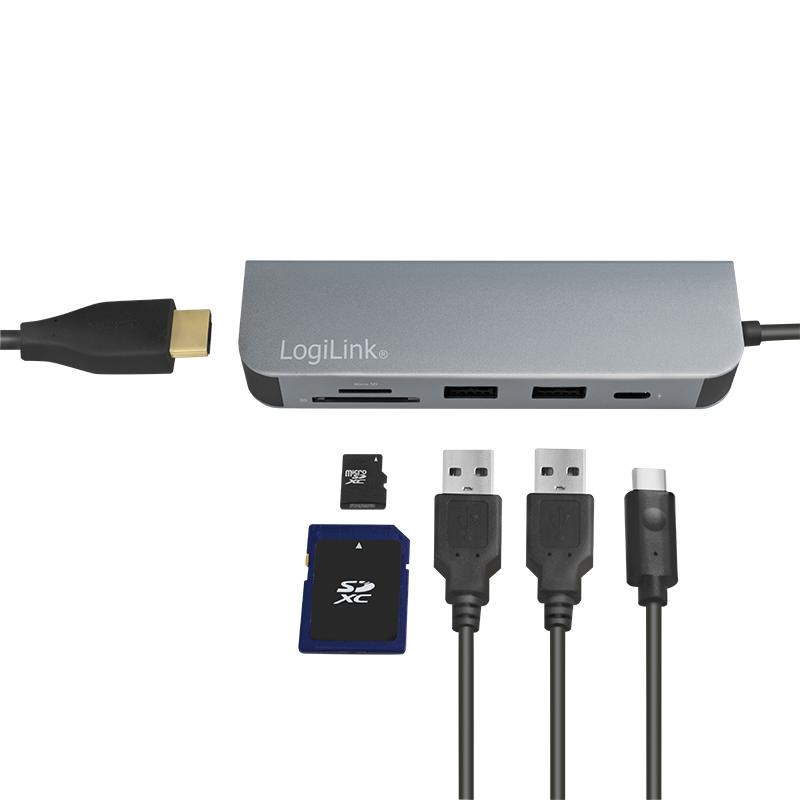 Hub USB-C 3.0 6in1 LogiLink hdmi 4K/30Hz PD SD card reader microSD 60W 4K