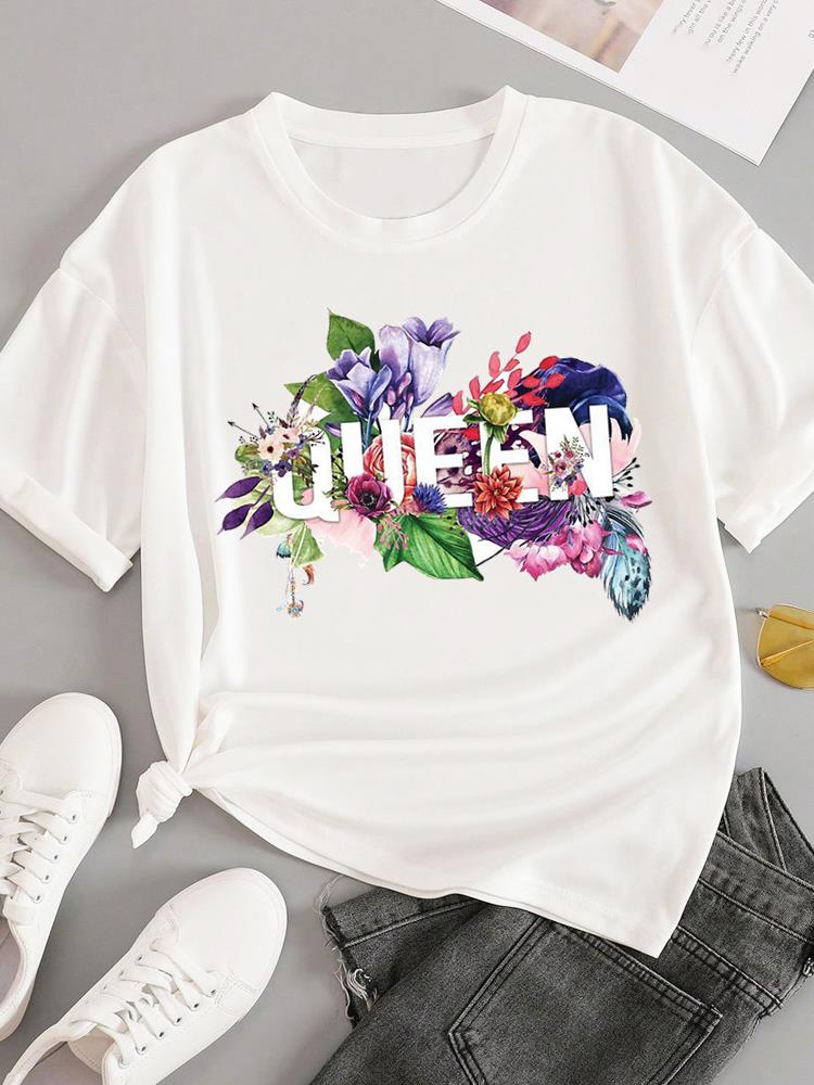 (Asian Size) Sweet Flower Feather Short Sleeve T-shirts Women's Top T Female Print Fashion O-neck Casual Clothing Graphic Tee