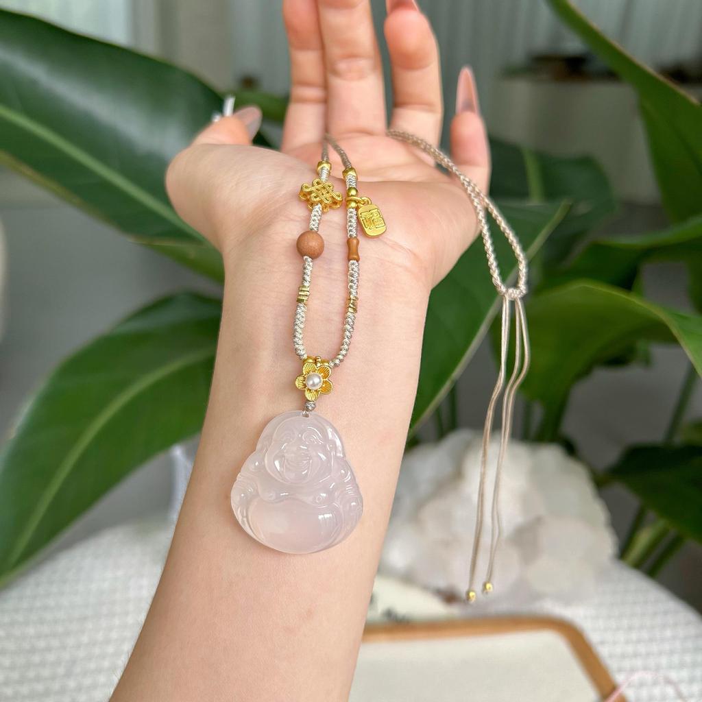 Натуральный Халцедон Будда Подвеска Ожерелье - Ручная работа, Плетеное, Легкая Роскошь Ключичная Цепочка