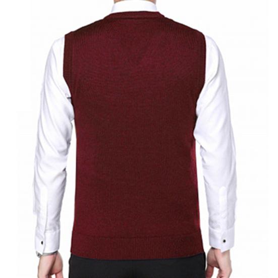 Men Vest Sweater V Neck Sleeveless Slim Fit Solid Color Knitted Pullover Slim Fit Mid Length Thickened Business Style Sweater