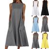 Women's Loose Cotton And Linen Solid Color Sleeveless Round Tie Pocket Casual Dress