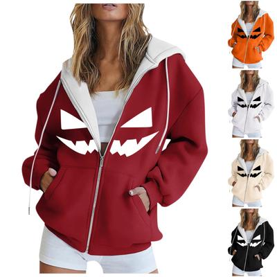 Женская повседневная мода Хэллоуин принт длинный рукав пуловер толстовки с капюшоном на молнии пальто
