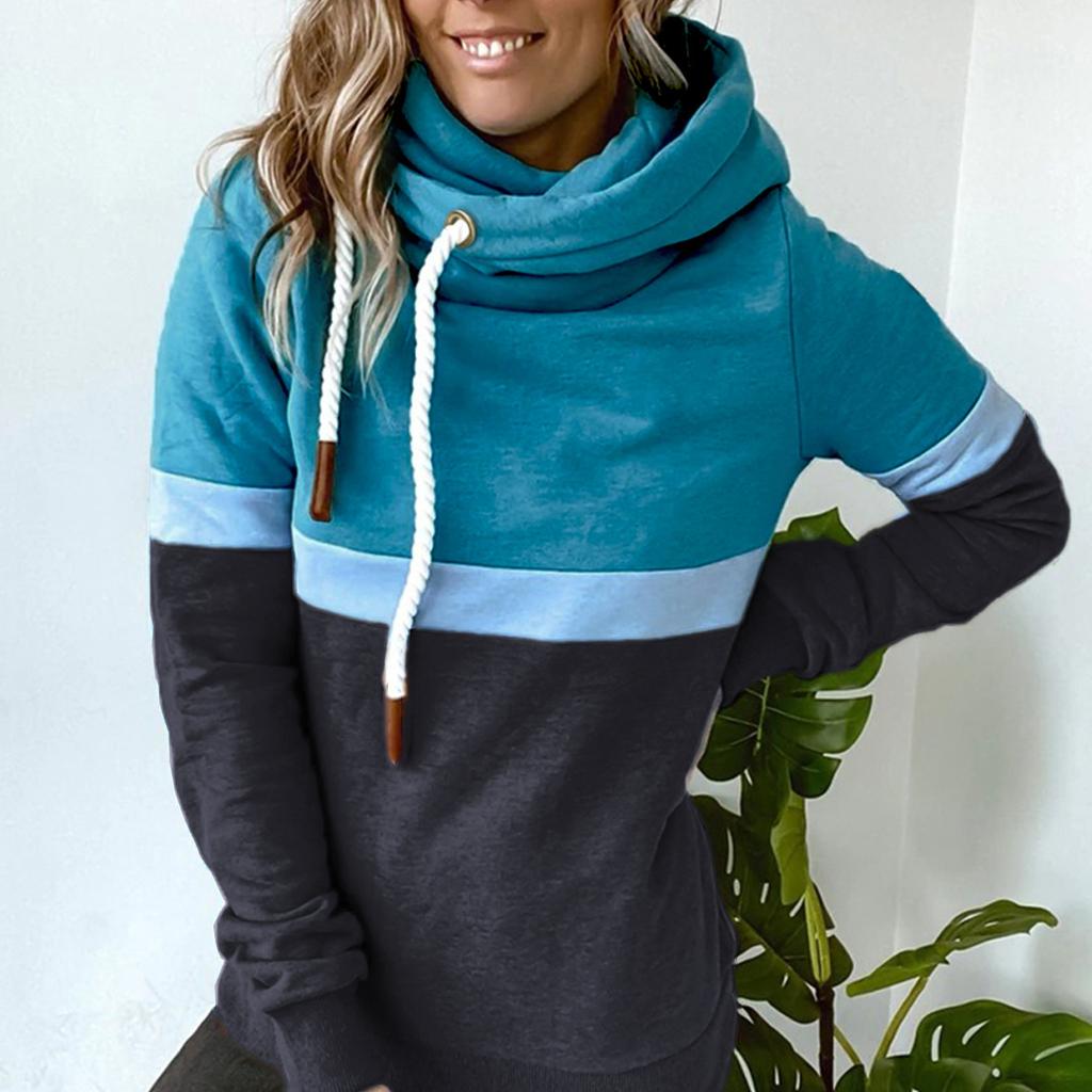 Winter Fall Women Fashion Color-block Hooded Sweatshirt Loose Drawstring Hoodie