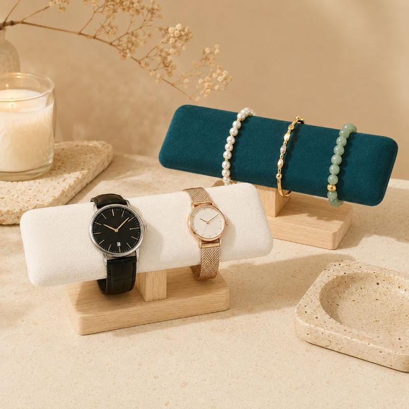 T Shaped Bracelet Display Rack Wooden Base PU Leather Velvet 1PC Anti-Scratch for Bangle Watch Jewelry Shop Home Organization