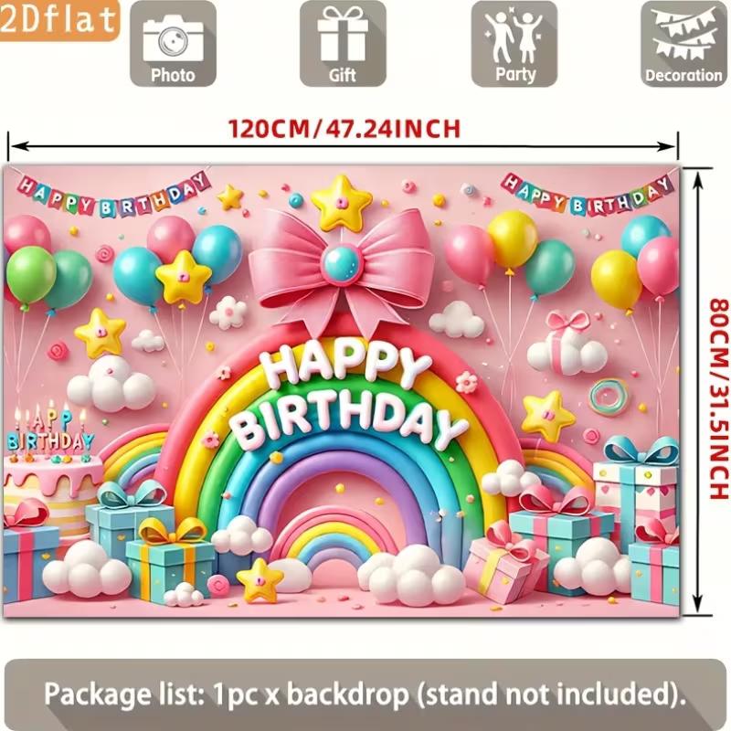 2D Pink Happy Birthday Backdrop Banner, Rainbow & Balloons Party Decor