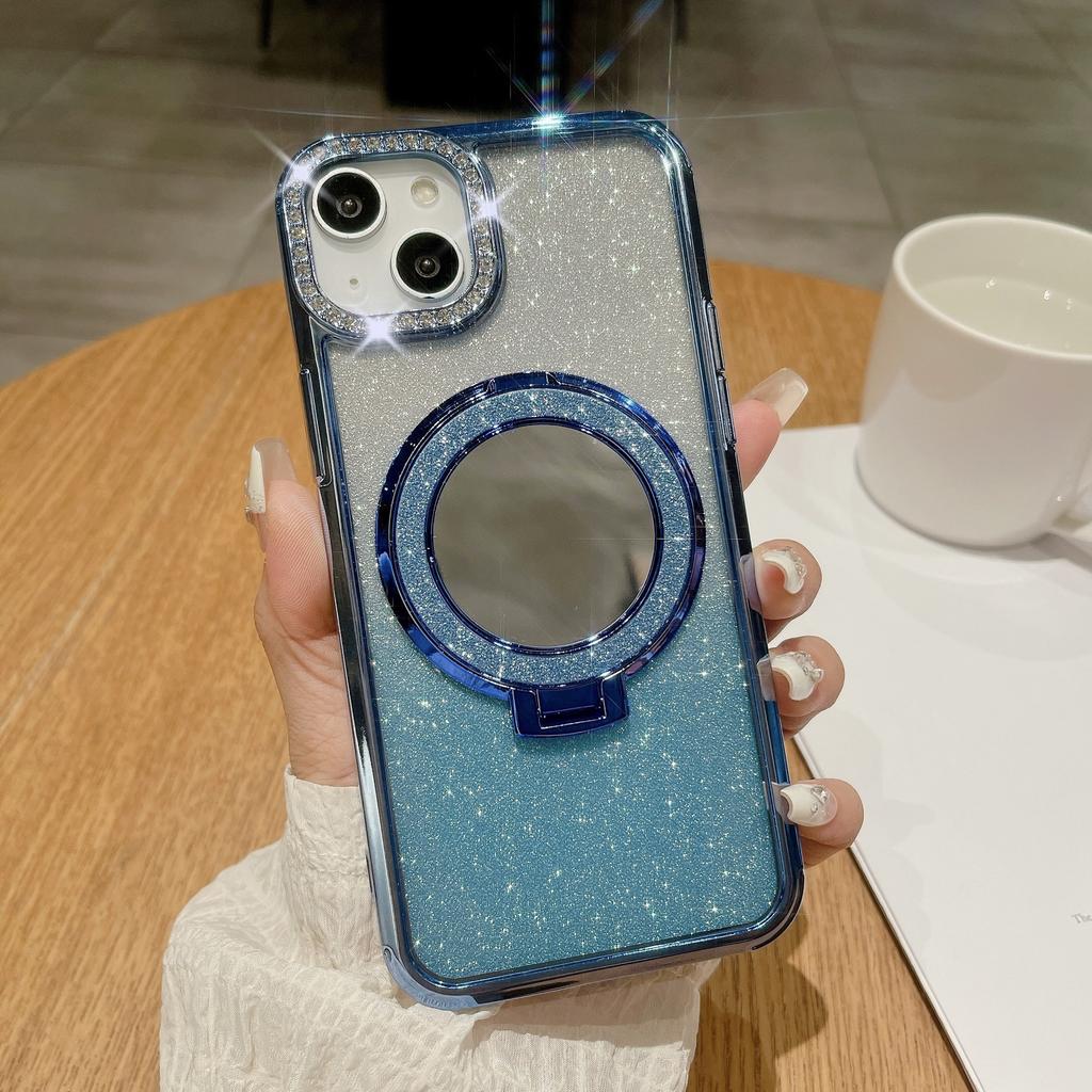 Подходит для iPhone15promax Зеркальная магнитная подставка, Чехол для телефона, Вспышка для объектива iPhone 14, 13 Градиентный глиттер